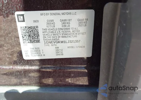 2020 Chevrolet Traverse Awd Lt Cloth from USA, damaged, VIN 1GNEVGKW1LJ321357